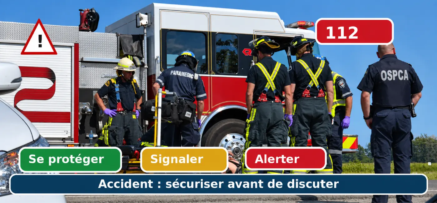 Secouristes près d’un véhicule de secours, avec les consignes « Se protéger », « Signaler », « Alerter » et le numéro 112.