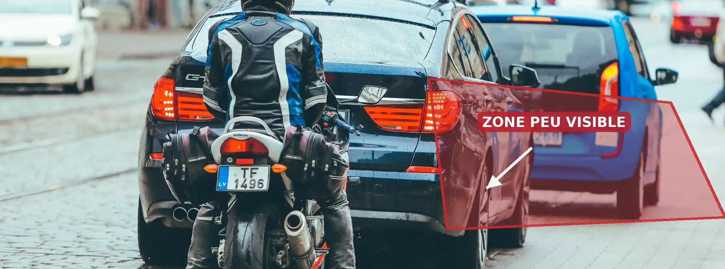Motard derrière une voiture ; à droite du véhicule, une zone rouge est désignée par une flèche blanche et le texte « zone peu visible ».