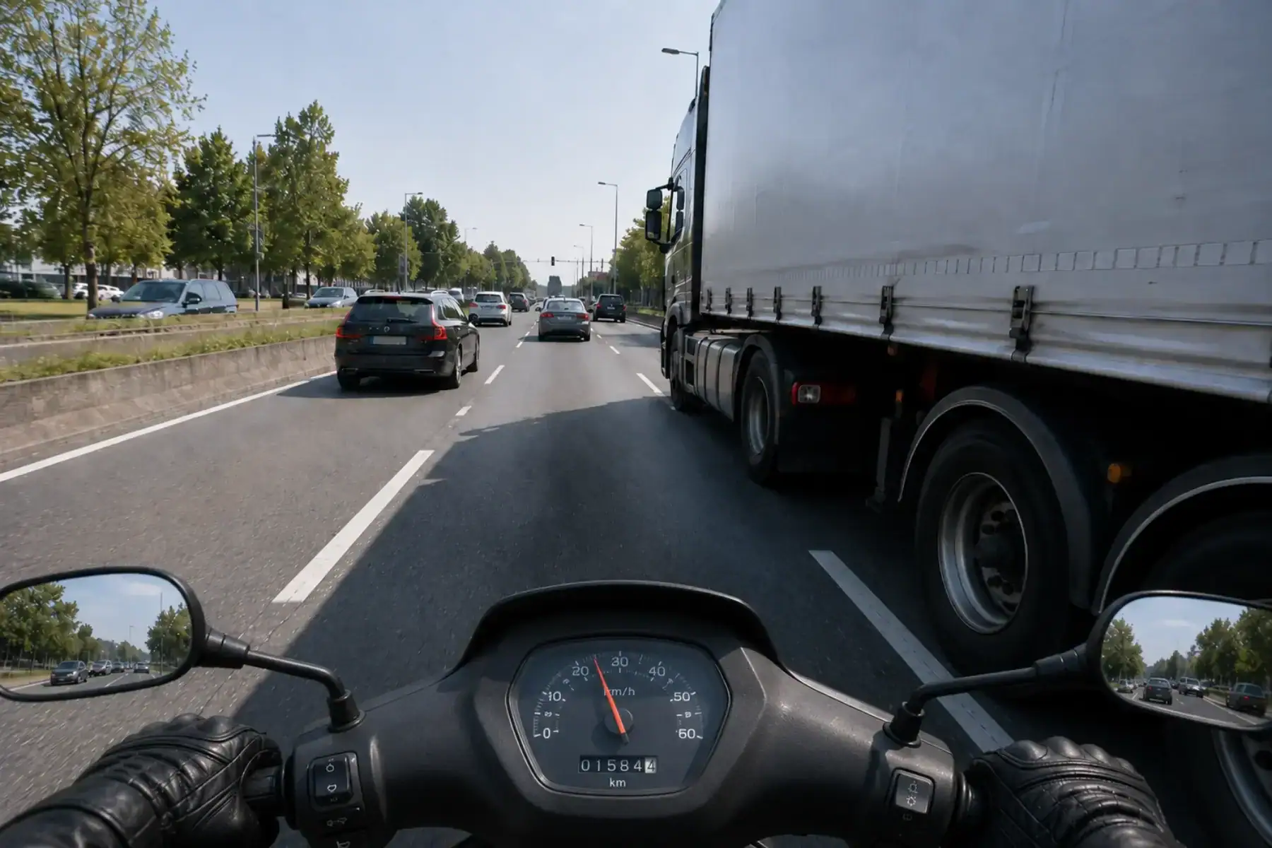 Vue depuis un scooter à gauche d’un camion, sur une chaussée à plusieurs bandes de circulation.