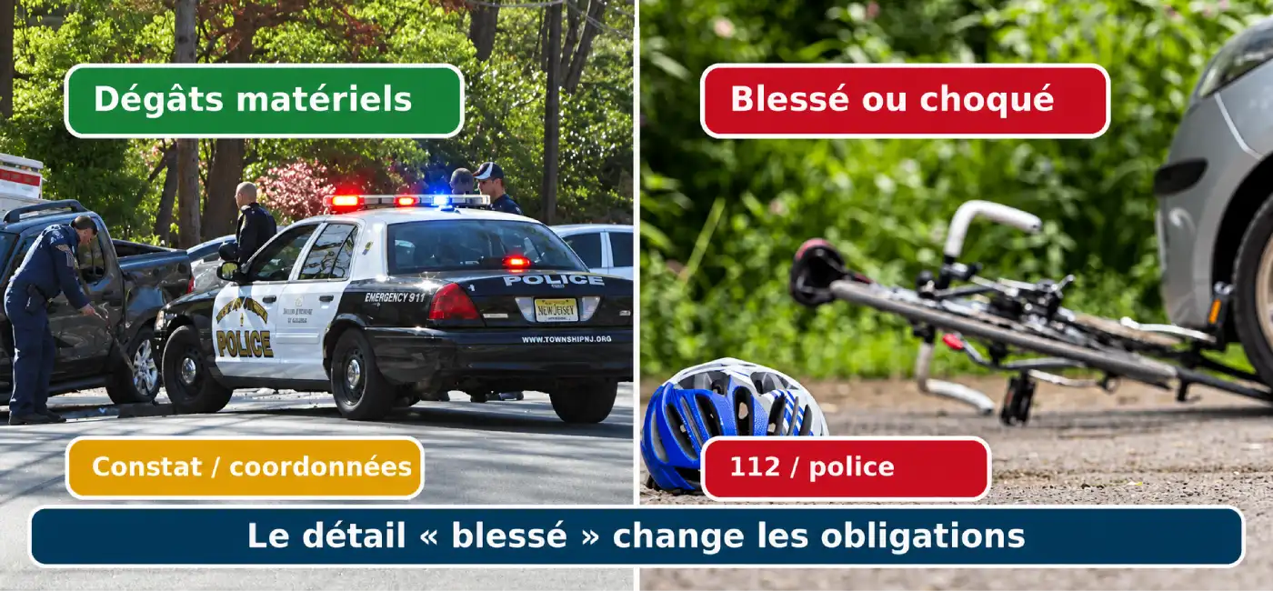 À gauche, véhicules et police : « Dégâts matériels — Constat / coordonnées ». À droite, vélo au sol et casque : « Blessé ou choqué — 112 / police ».