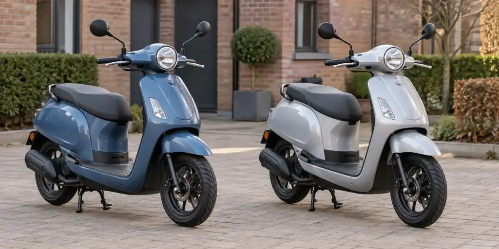 Deux scooters d’apparence presque identique, l’un bleu et l’autre argenté, stationnés côte à côte.