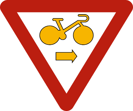 Signal B22 : bicyclette jaune et flèche jaune vers la droite dans un triangle inversé à bord rouge.