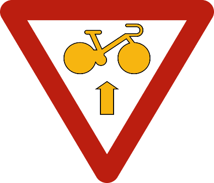 Signal B23 : bicyclette jaune et flèche jaune vers le haut dans un triangle inversé à bord rouge.