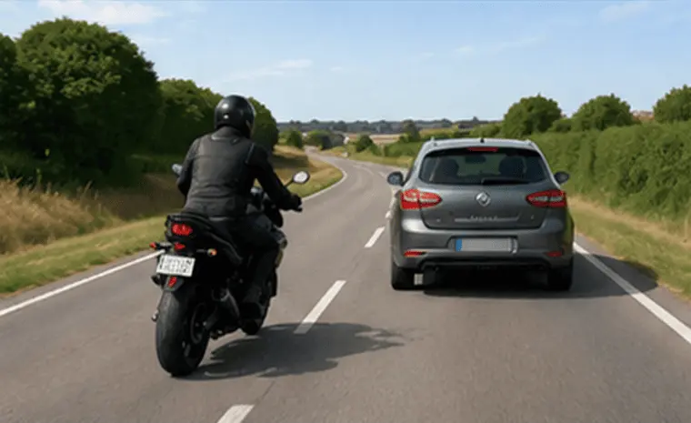 Motard à gauche de la ligne axiale discontinue, à l’arrière gauche d’une voiture.