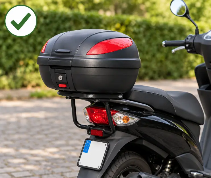 Top case fermé sur le porte-bagages arrière d’un scooter, avec le feu arrière et la plaque dégagés et une coche verte.