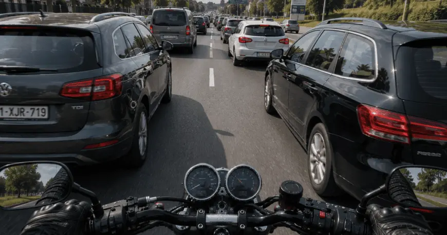 Vue depuis une moto entre deux files de voitures, de part et d’autre d’une ligne discontinue.
