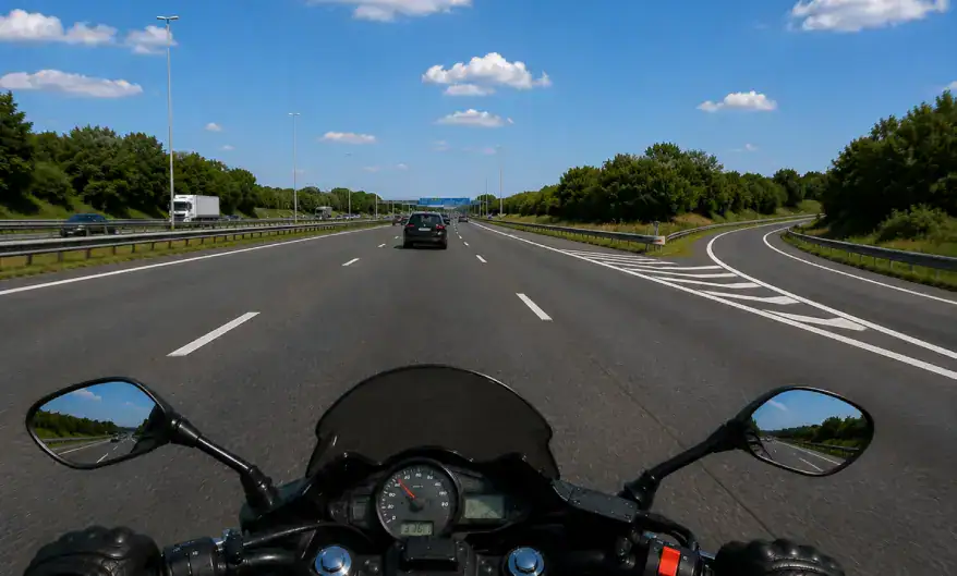 Vue depuis une moto sur la bande centrale d’une autoroute à trois bandes, avec une voiture devant et une bretelle à droite.