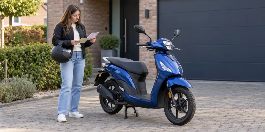 Une jeune femme consulte un document à côté d’un scooter bleu stationné devant un garage.