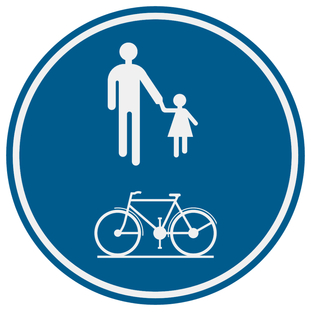 Signal D10 à fond bleu : piétons au-dessus d’un vélo, sans ligne séparant les pictogrammes.