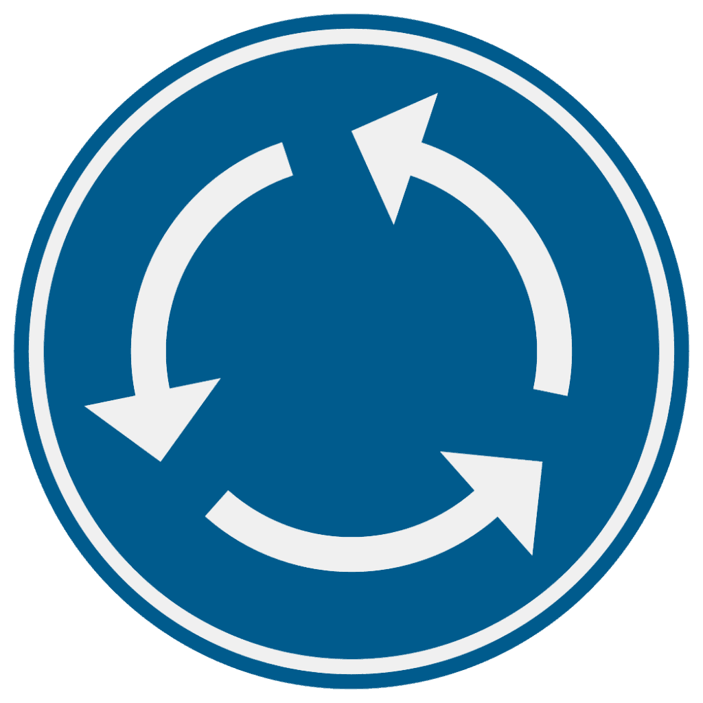 Signal D5 : disque bleu avec trois flèches blanches disposées en cercle dans le sens inverse des aiguilles d’une montre.