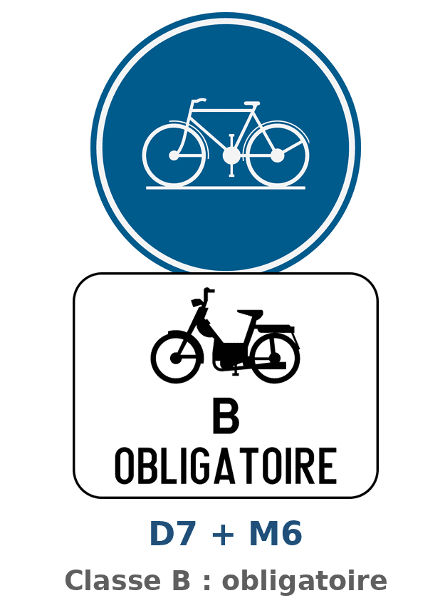 Signal D7 surmontant le panneau M6, avec un pictogramme de cyclomoteur, la lettre B et la mention « OBLIGATOIRE ».