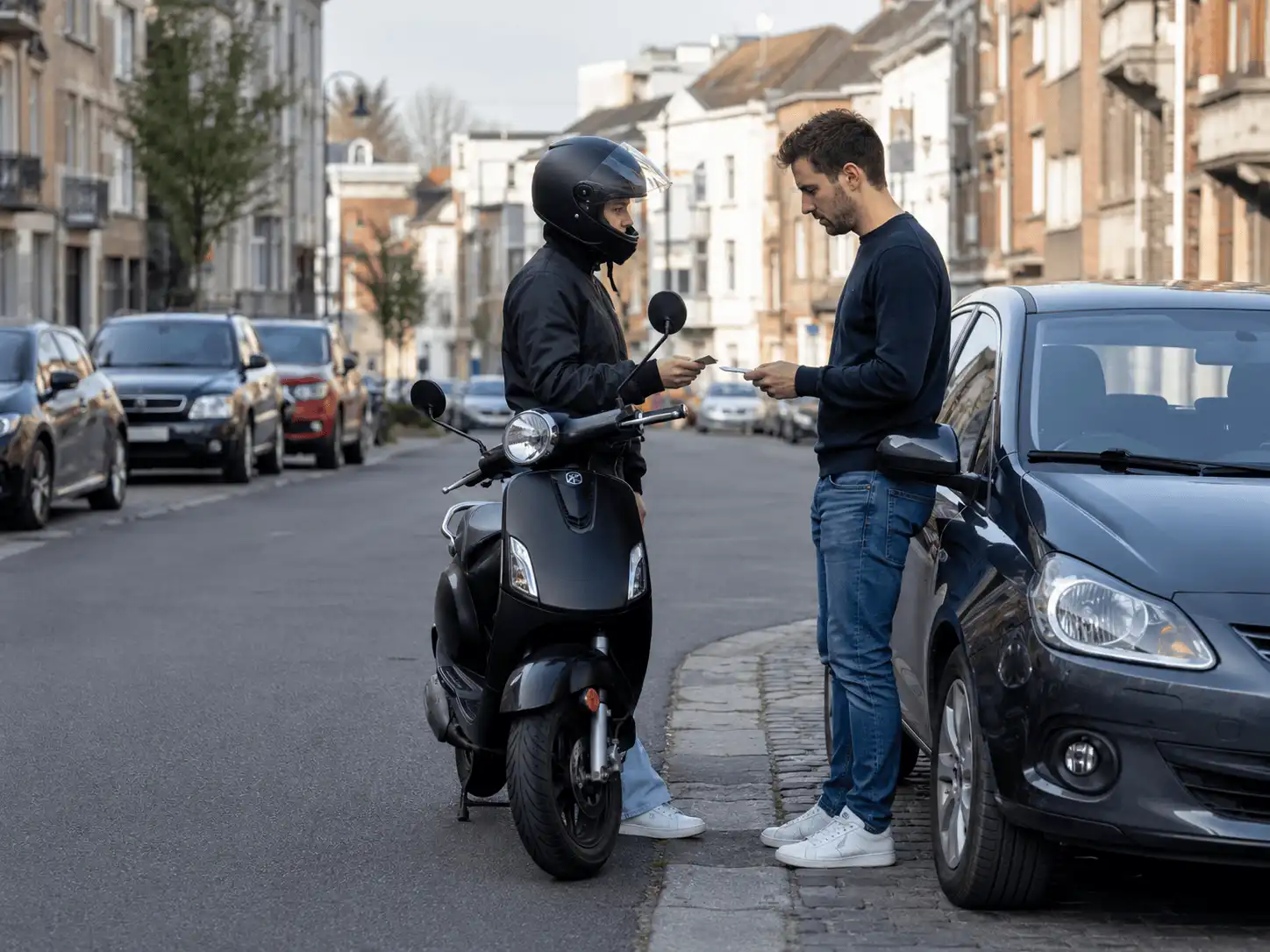 Un conducteur casqué et un automobiliste échangent des documents à côté d’un scooter et d’une voiture.