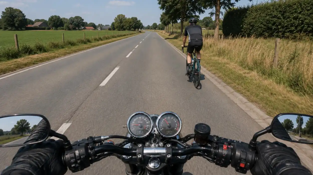 Vue depuis une moto derrière un cycliste roulant près du bord droit d’une route à ligne axiale discontinue.