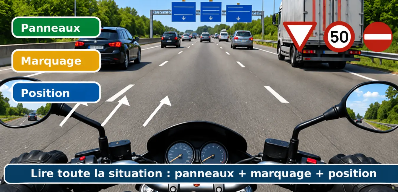 Vue depuis une moto sur une route à plusieurs bandes séparées par des lignes discontinues, avec les repères « Panneaux », « Marquage », « Position » et des symboles ajoutés : céder le passage, limitation à 50 km/h et sens interdit.