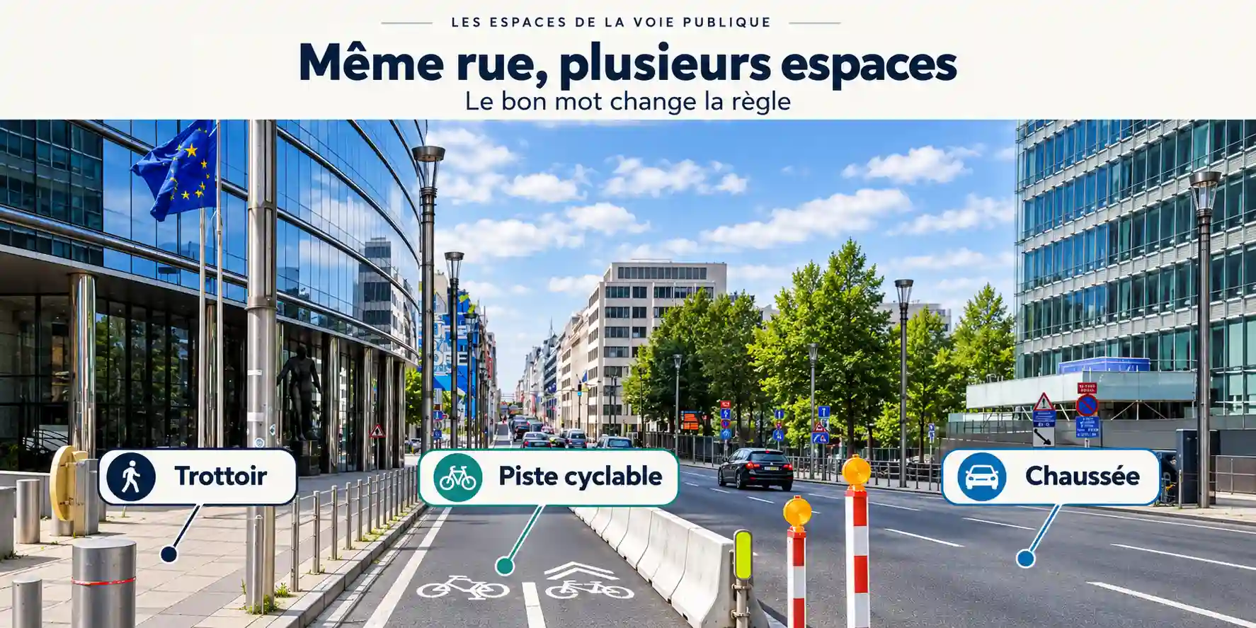 Vue annotée d’une rue montrant, de gauche à droite, le trottoir, la piste cyclable séparée par des barrières en béton et la chaussée.