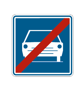 Panneau F11 : voiture blanche vue de face sur fond bleu, barrée d’une diagonale rouge.