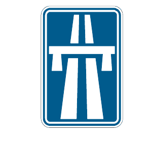 Panneau F5 : symbole blanc d’une autoroute sur fond bleu.