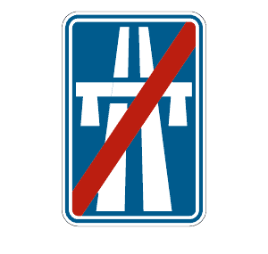 Panneau F7 : symbole blanc d’une autoroute sur fond bleu, barré d’une diagonale rouge.