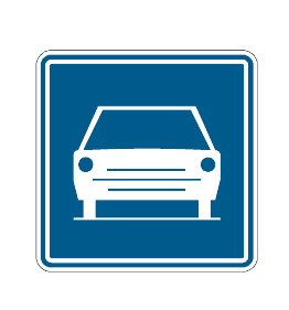 Panneau F9 : voiture blanche vue de face sur fond bleu.