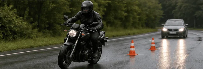 Motard sur une chaussée mouillée, avec deux cônes orange à droite dans l’image et une voiture derrière lui.