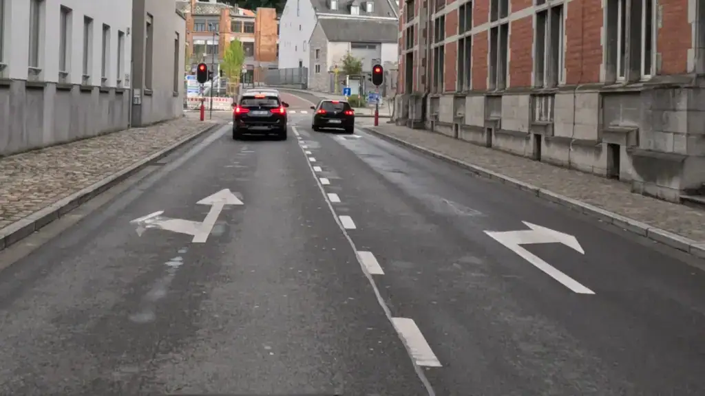 Deux bandes menant à des feux rouges : flèches tout droit et à gauche sur la bande de gauche, flèche à droite sur celle de droite. Séparation continue côté gauche et discontinue côté droit.