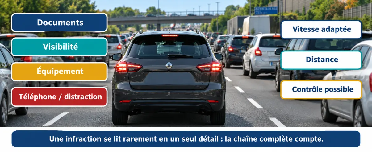 Circulation dense avec sept points à examiner : documents, visibilité, équipement, téléphone ou distraction, vitesse adaptée, distance et contrôle possible.