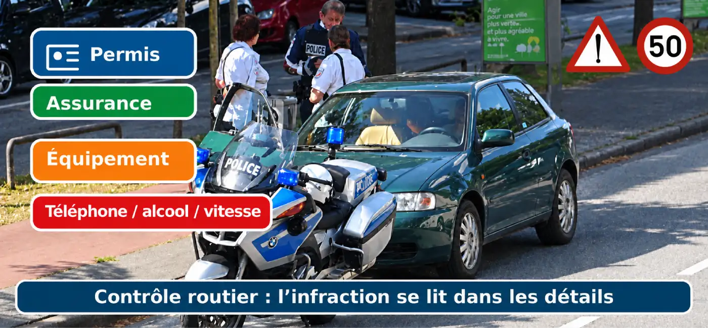 Moto de police près d’une voiture, avec les rubriques « Permis », « Assurance », « Équipement », « Téléphone / alcool / vitesse » et des symboles ajoutés de danger et de limitation à 50 km/h.