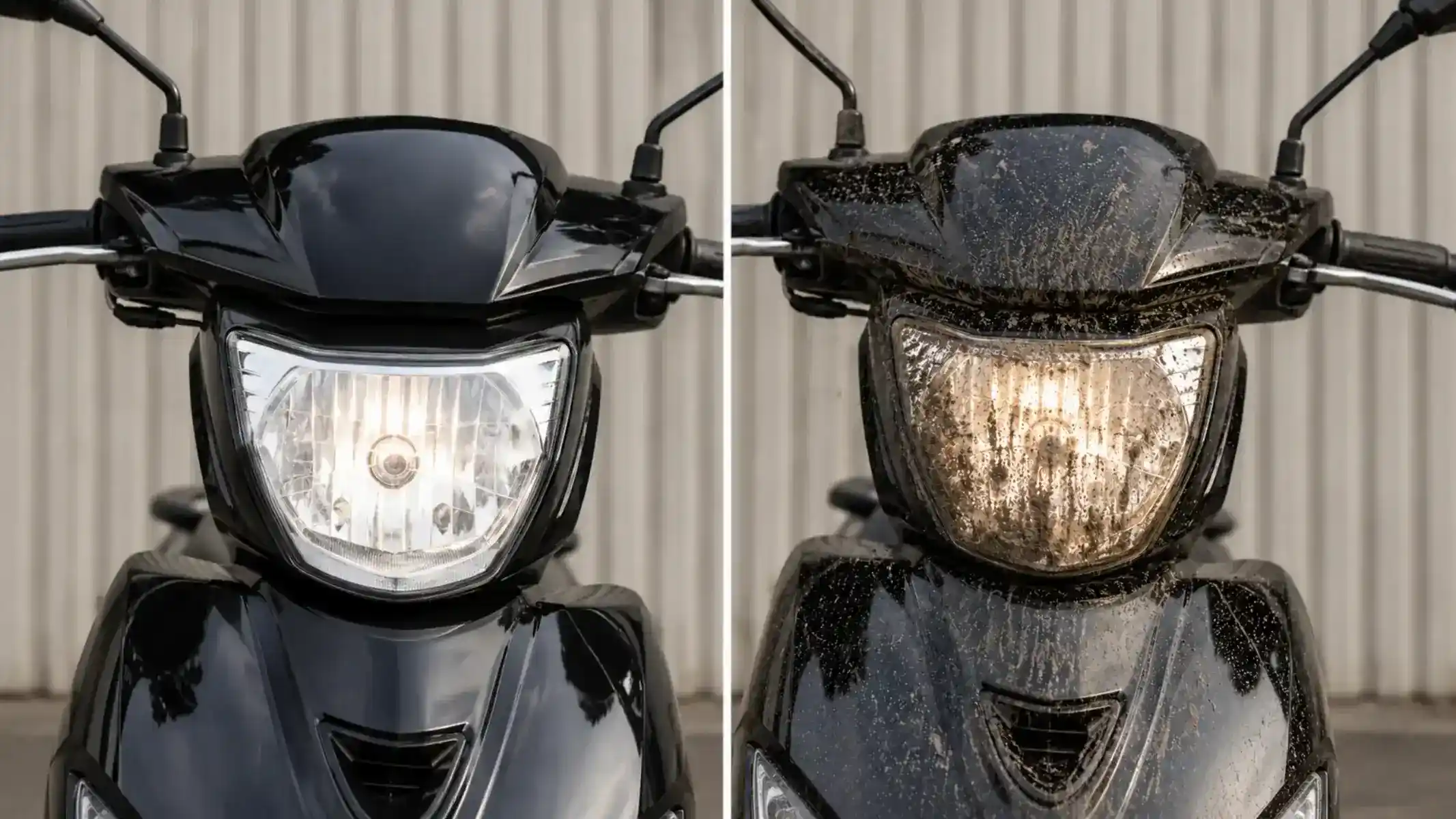 Comparaison du phare d’un scooter : propre à gauche, couvert de salissures à droite.