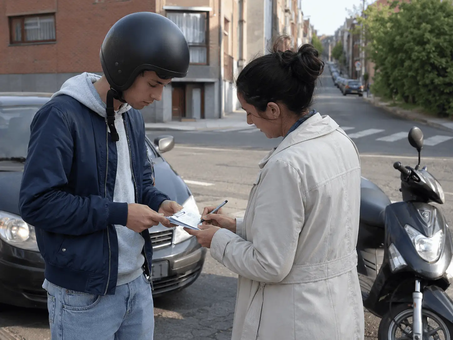 Un conducteur casqué et une automobiliste remplissent un constat à côté d’un scooter et d’une voiture.