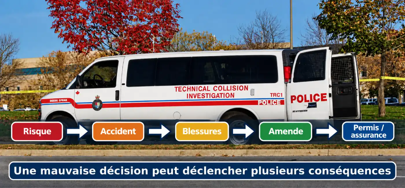 Schéma des conséquences possibles d’une mauvaise décision : cinq cases reliées par des flèches, « Risque », « Accident », « Blessures », « Amende » et « Permis / assurance ».
