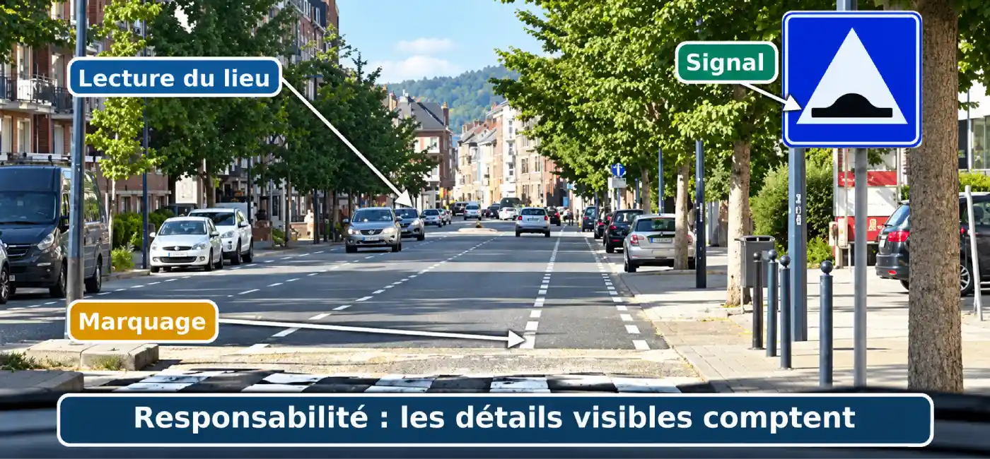 Rue urbaine avec un panneau bleu représentant une bosse et des lignes blanches discontinues à droite, annotée par les flèches « Lecture du lieu », « Signal » et « Marquage ».