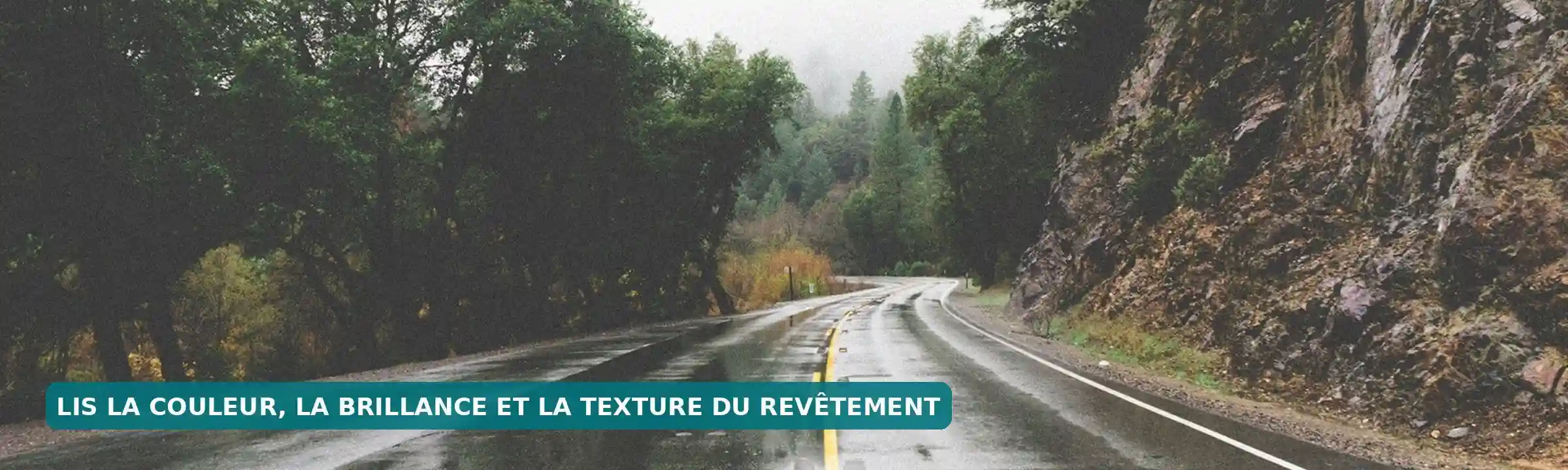 Route sinueuse mouillée, avec des zones brillantes sur le revêtement.