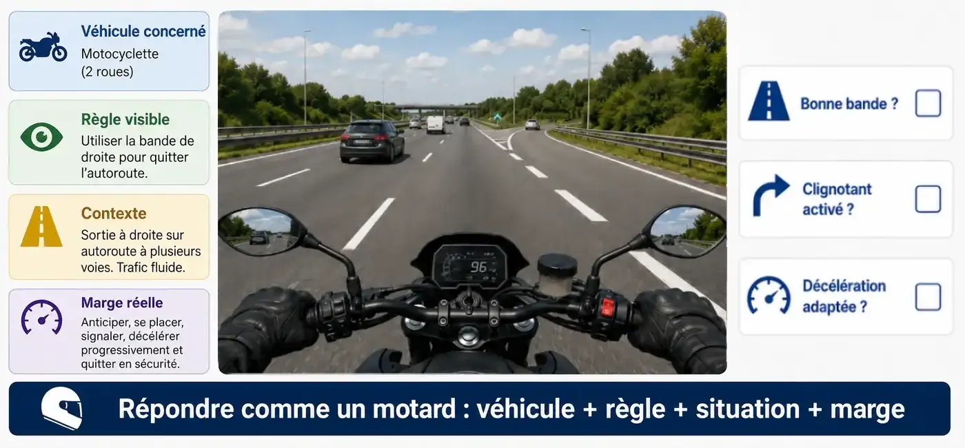 Vue depuis une moto à l’approche d’une sortie d’autoroute à droite. Analyse : véhicule concerné, règle visible, contexte et marge réelle. Trois points à vérifier : bonne bande, clignotant activé et décélération adaptée.