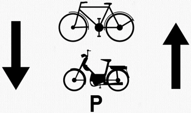 Panneau M17 : vélo et cyclomoteur avec la lettre P, entre une flèche vers le bas à gauche et une flèche vers le haut à droite.