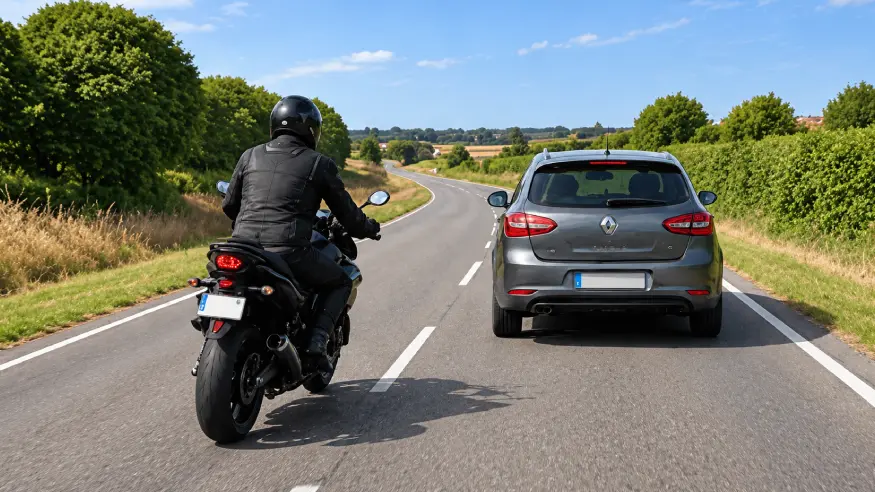 Motard à gauche de la ligne axiale discontinue, à l’arrière gauche d’une voiture.