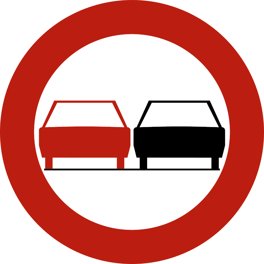 Signal C35 : disque à bord rouge avec deux voitures côte à côte, rouge à gauche et noire à droite.