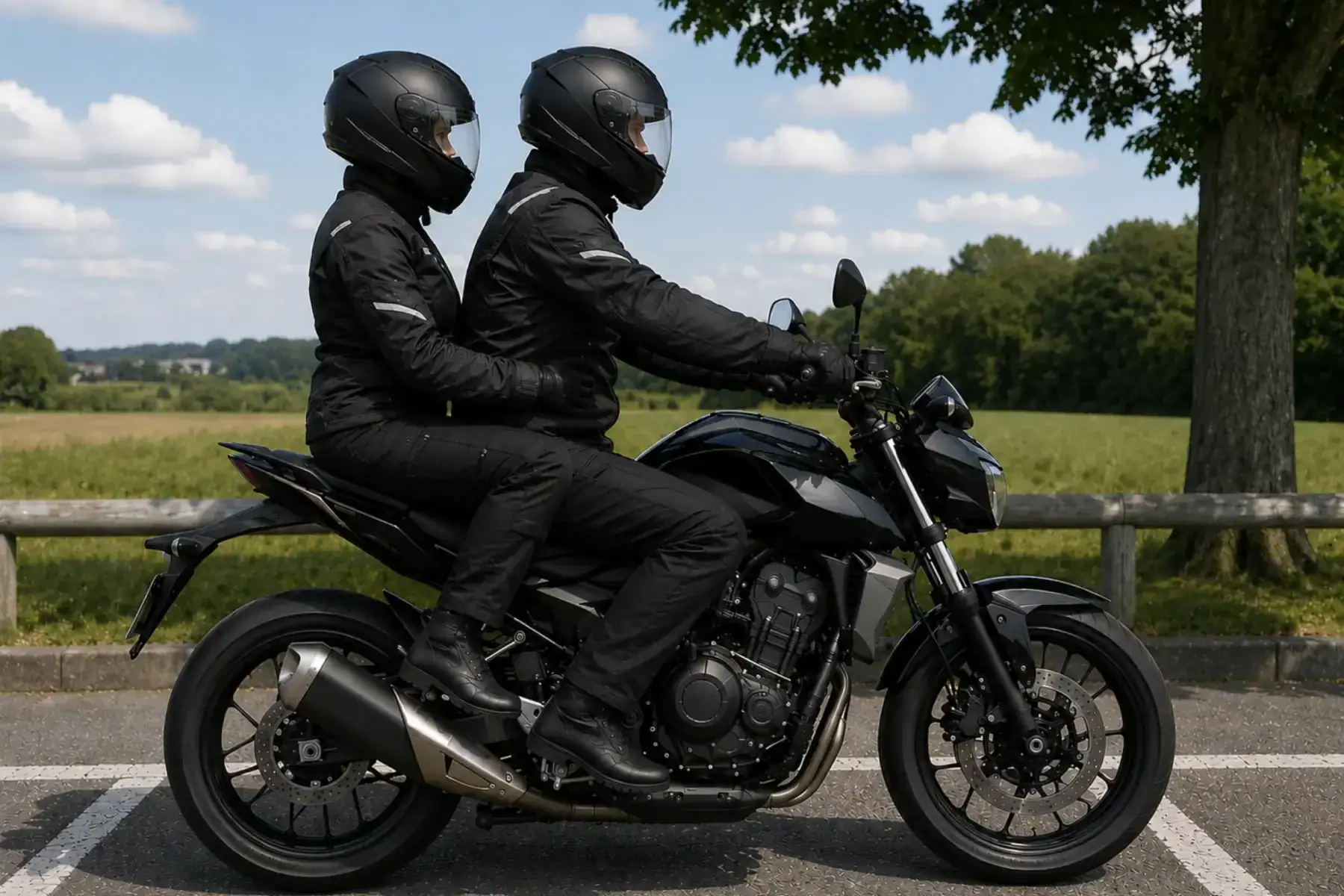 Conducteur et passager casqués, en veste et pantalon, assis l’un derrière l’autre sur une moto.