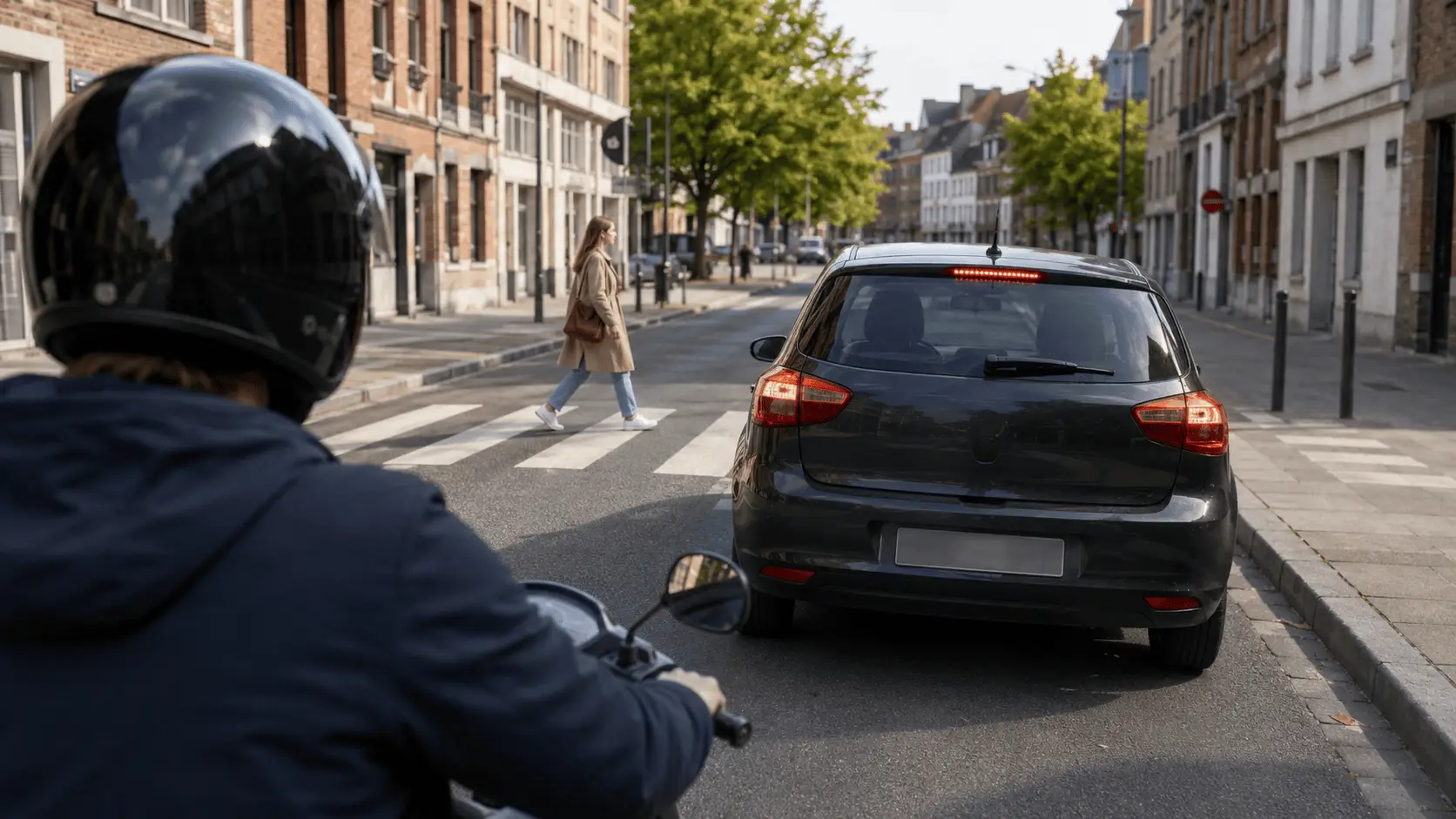 Un conducteur de scooter suit une voiture aux feux stop allumés devant un passage pour piétons ; une piétonne traverse de gauche à droite.