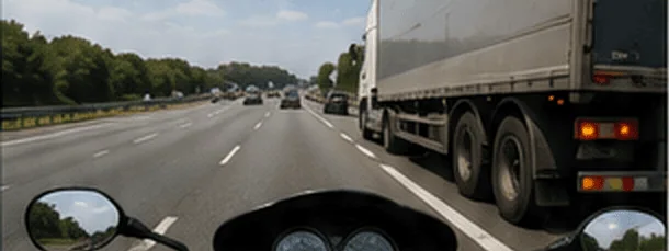Vue depuis une moto à gauche d’un poids lourd, à hauteur de l’arrière de sa remorque.
