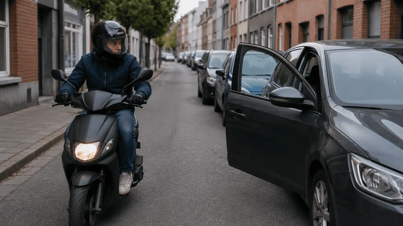 Un conducteur de scooter passe à côté d’une voiture stationnée dont la portière est ouverte sur la chaussée.