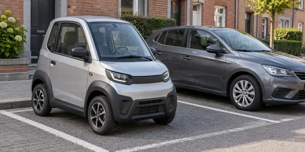 Petite voiturette argentée stationnée à côté d’une voiture familiale plus grande, permettant de comparer leurs dimensions.