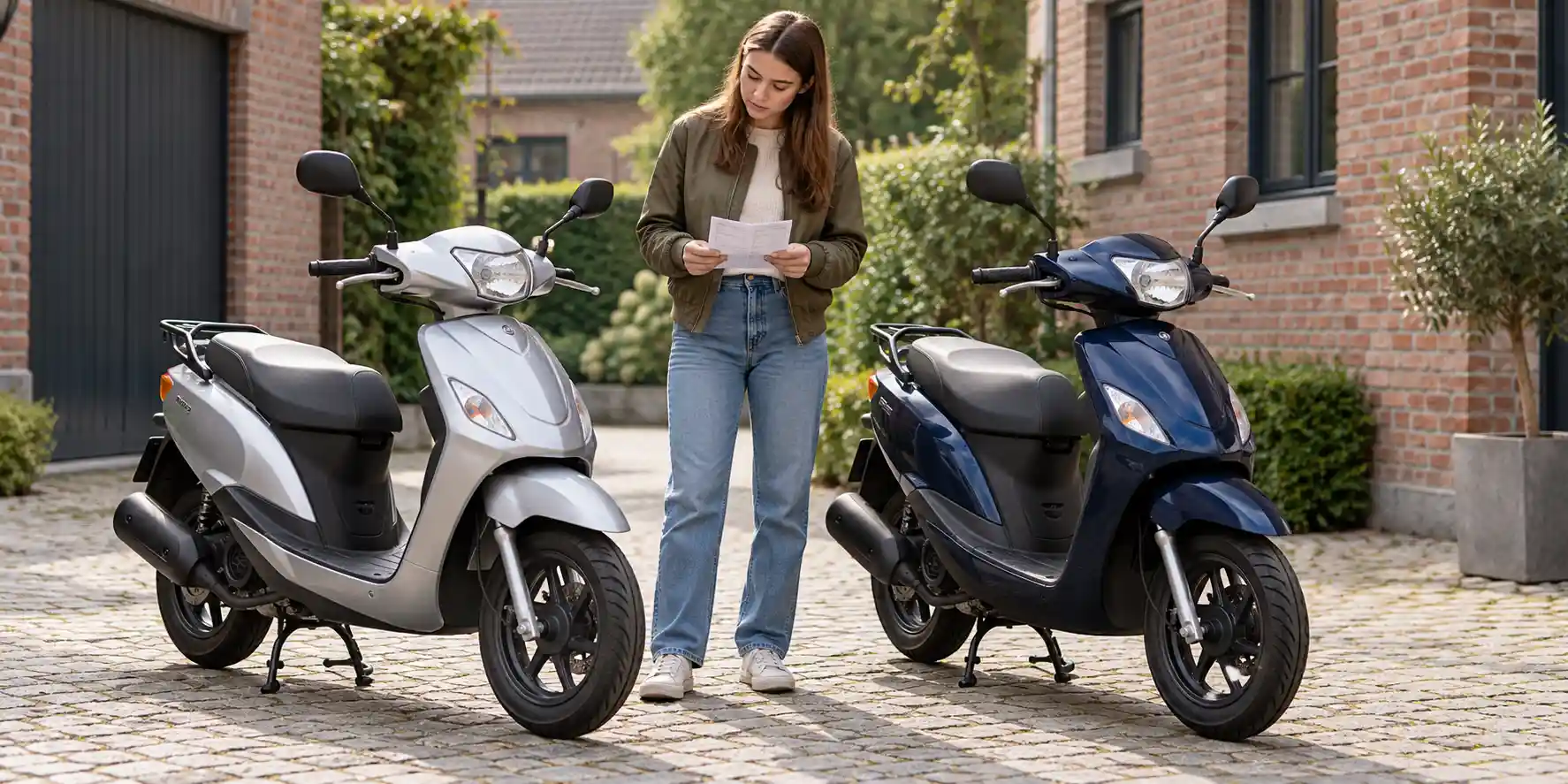 Une jeune femme consulte un document entre deux scooters d’apparence similaire, l’un argenté et l’autre bleu foncé.