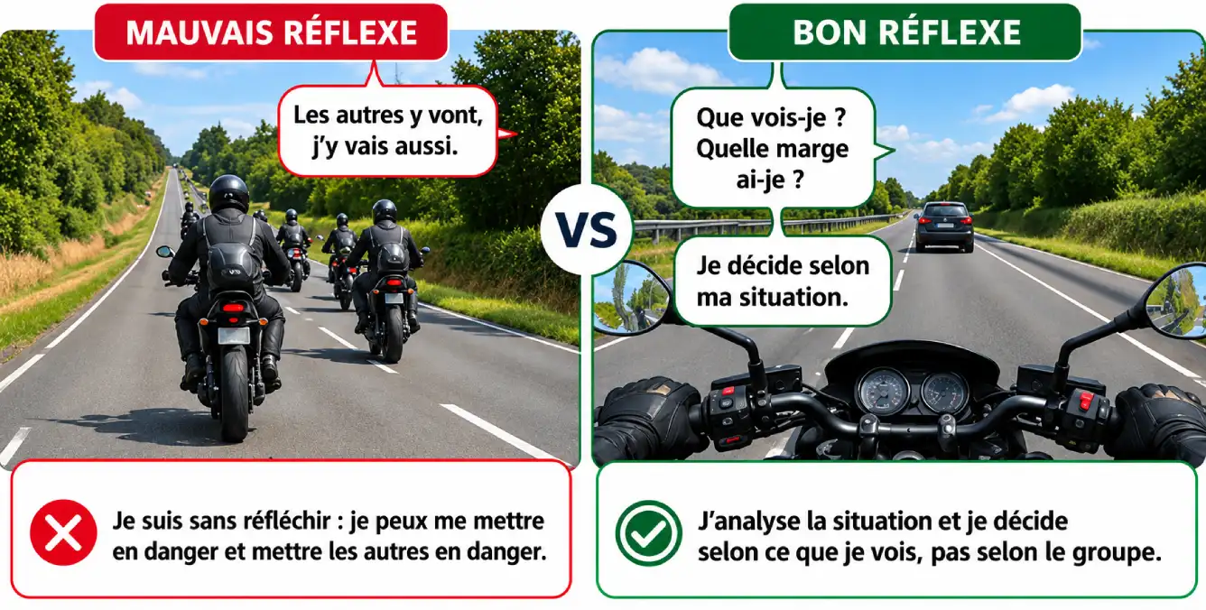 À gauche, « Mauvais réflexe » : suivre le groupe sans réfléchir. À droite, « Bon réflexe » : évaluer sa visibilité et sa marge avant de décider.