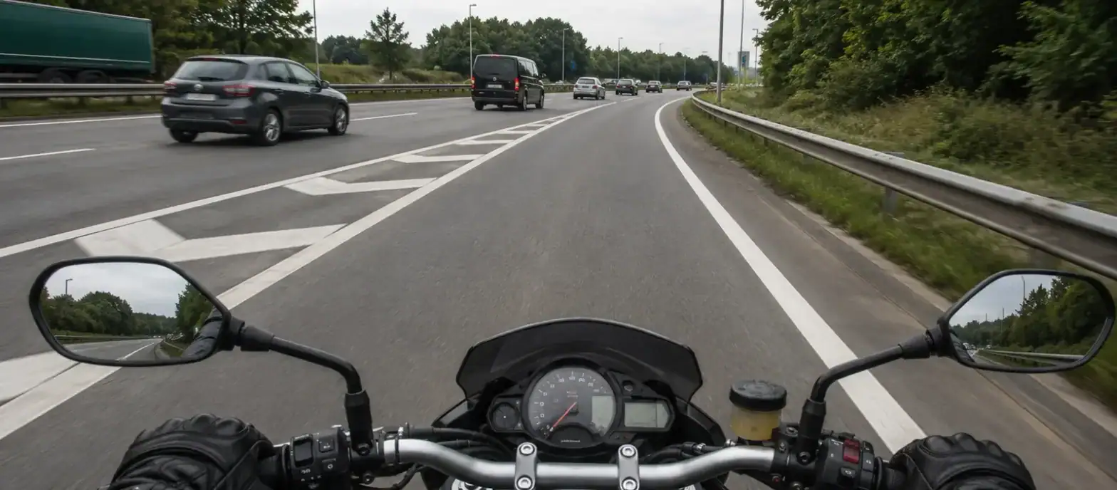Vue depuis une moto sur une voie à droite du trafic, séparée des autres bandes par une zone hachurée.