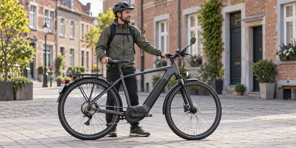 Un adulte casqué tient un vélo électrique équipé d’un rétroviseur et d’une petite plaque arrière, avec sa batterie intégrée et son moteur au pédalier visibles.
