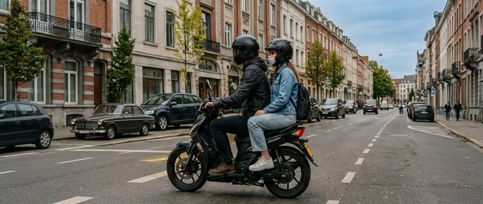 Conducteur et passagère casqués, assis l’un derrière l’autre sur un scooter.