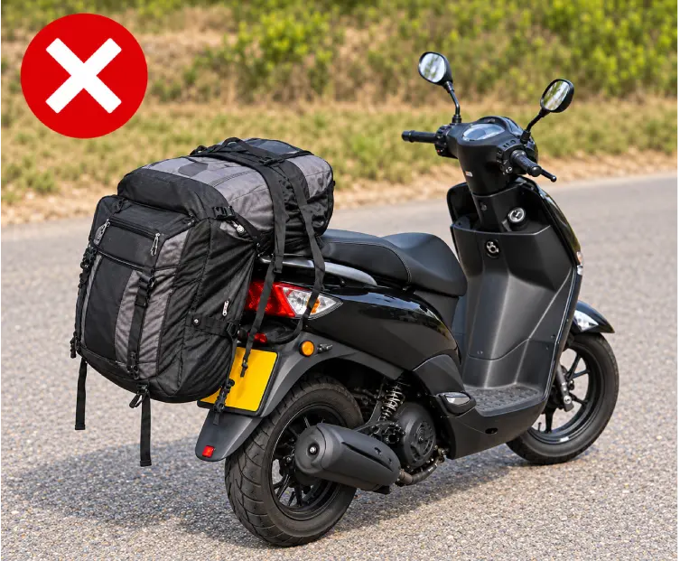 Sac volumineux débordant à l’arrière d’un scooter, avec des sangles pendantes et une croix blanche dans un cercle rouge signalant un chargement incorrect.