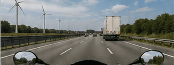 Vue depuis une moto sur une autoroute, avec un camion devant à droite et des éoliennes à gauche.