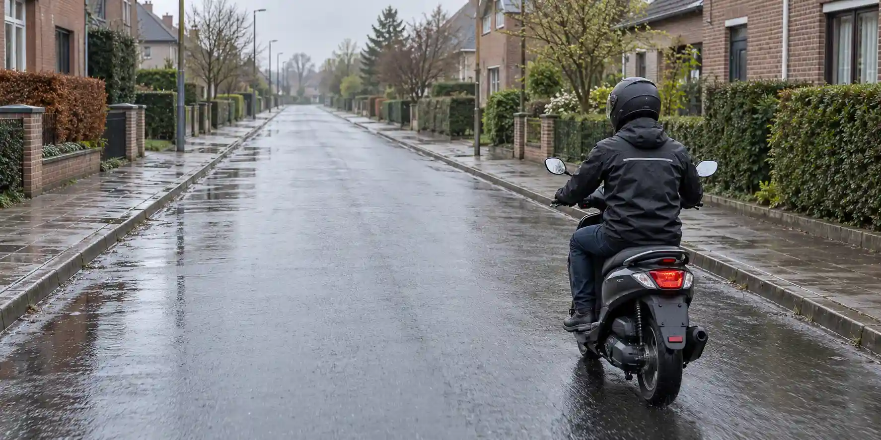 Conducteur casqué sur un scooter, vu de trois quarts arrière, sur une chaussée mouillée avec une longue portion de rue dégagée devant lui.