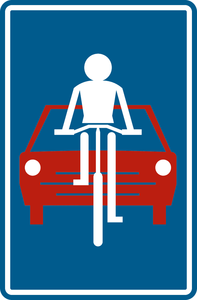 Panneau bleu avec un pictogramme blanc de cycliste devant une voiture rouge.